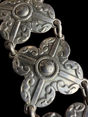 Vintage Mexico 925 Sterling Silver Panel Link Bracelet Quatrefoil Scroll 6.5”